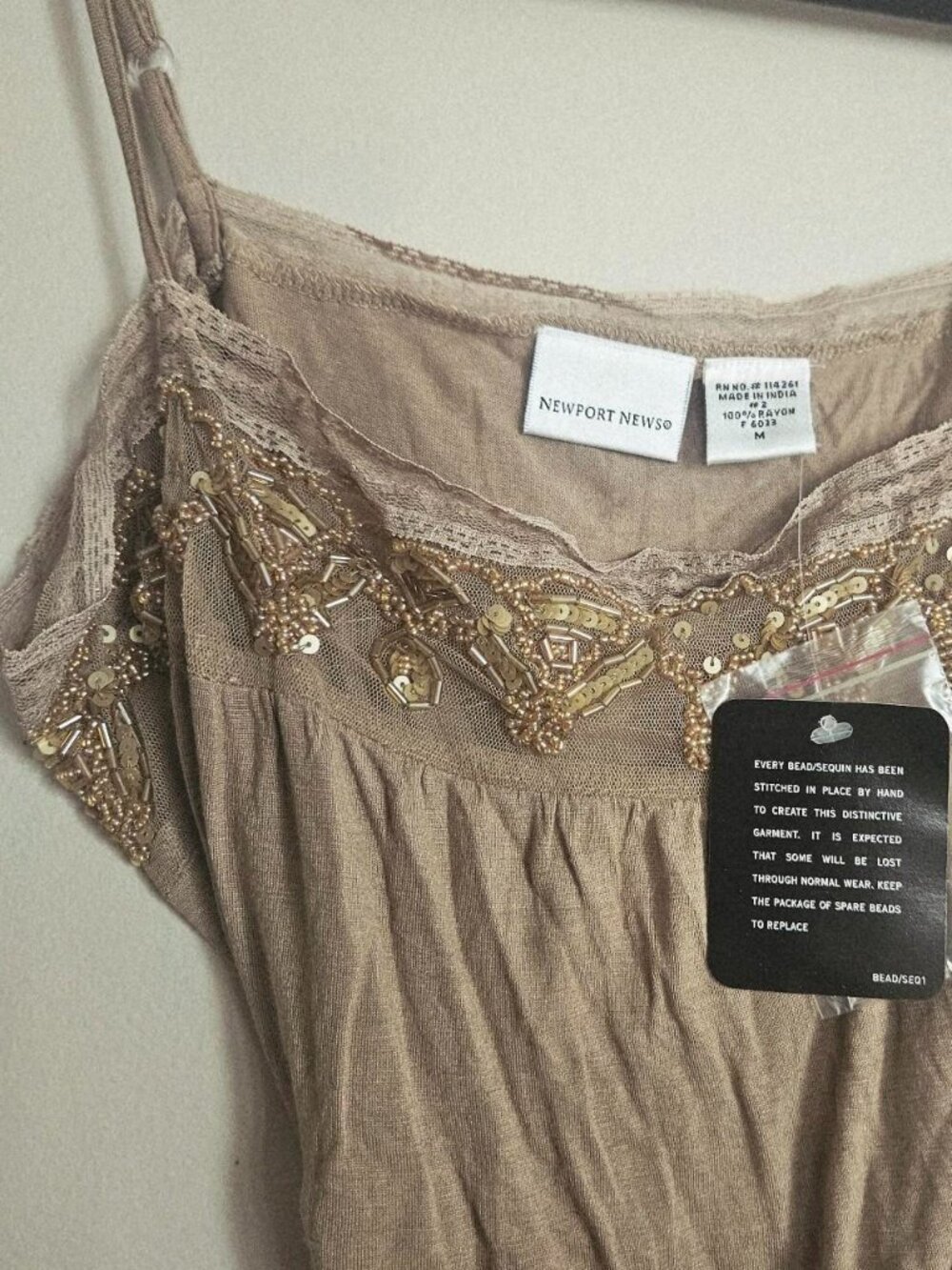 NWT Newport News Medium Beaded Lace Tank Top with Waist Tie Tan Brown